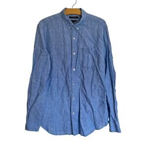 Banana Republic 100% Linen Camden Fit Button Down Long Sleeve Solid Blue Coastal